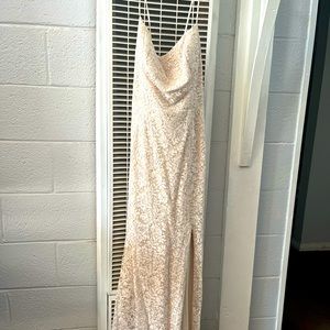 Lace long dress, cream color. Brand new. Size 14 with criss cross back straps.